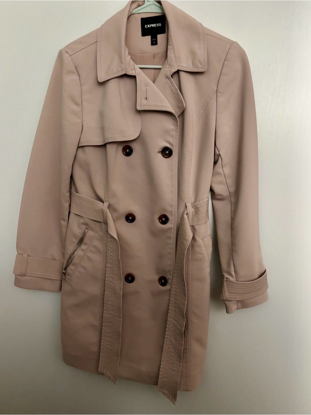 Express Blush Beige Double-Breasted Trench Button Collar Trench Coat with Belt